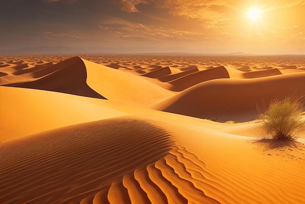 Un vasto desierto azotado por el viento con dunas de arena móviles y un sol abrasador capturado en una imagen hiperrealista.