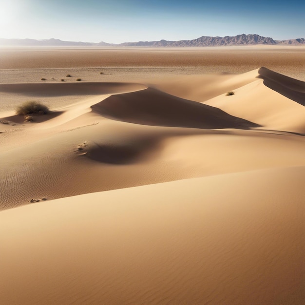 Un vasto desierto con dunas de arena y un oasis solitario en la distancia sol caliente y cielo azul claro pacífico