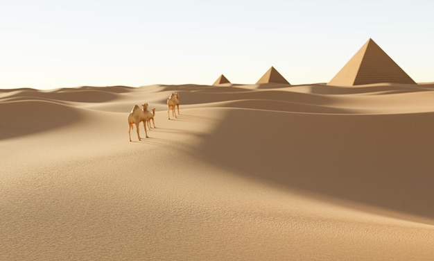 El vasto desierto está distante con pirámides y varios camellos caminando en el desierto