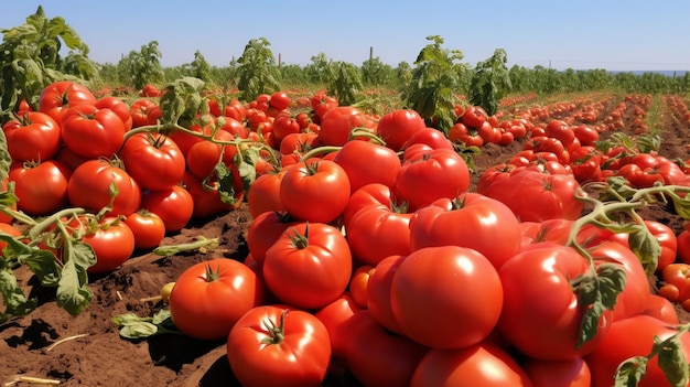 un vasto y fértil campo donde se extiende una exuberante plantación de tomates