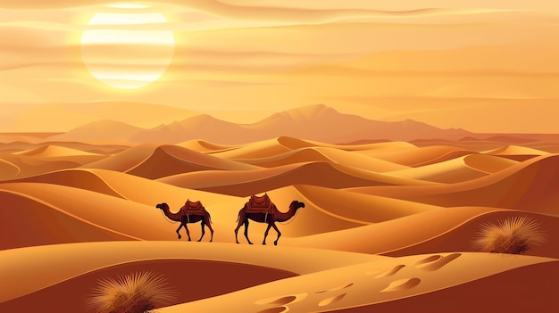 Foto un vasto paisaje desértico con dos camellos caminando en primer plano los camellos caminan hacia el espectador
