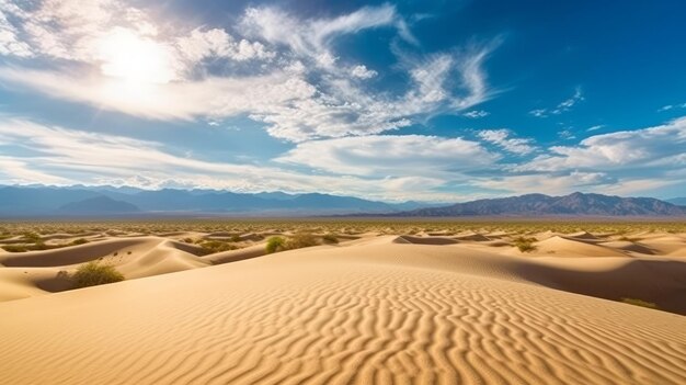 Un vasto paisaje desértico con dunas de arena dorada cielos azules claros generados por la IA