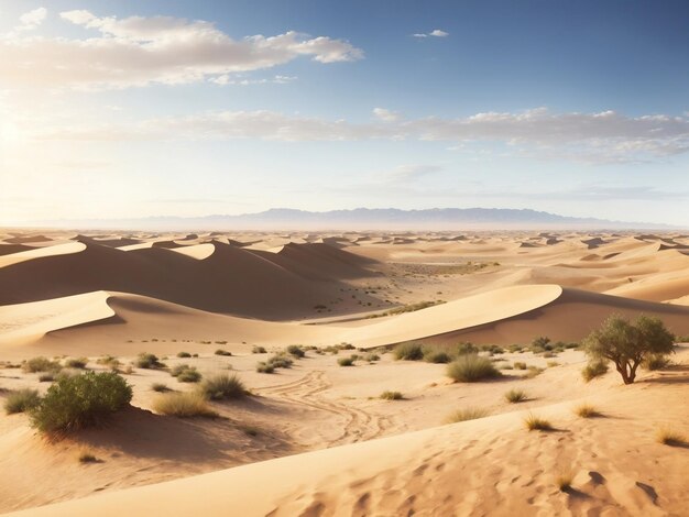 Un vasto paisaje desértico con dunas de arena onduladas y un oasis lejano generado ai