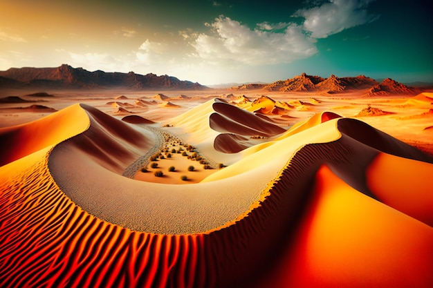 Un vasto paisaje desértico con impresionantes dunas de arena que se extienden hasta donde alcanza la vista