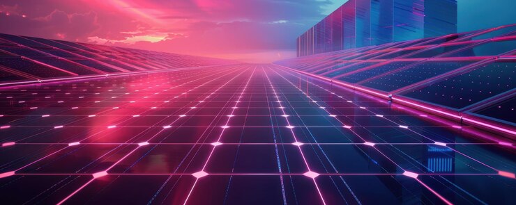 Un vasto paisaje de paneles solares que brillan con luces de neón bajo una vibrante puesta de sol que representa