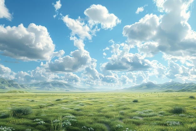 Foto un vasto paisaje de pastizales verdes bajo un cielo azul con nubes blancas