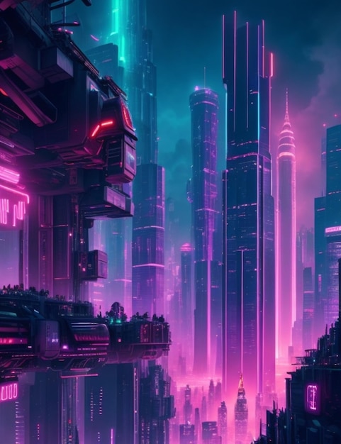 Un vasto paisaje urbano inspirado en el cyberpunk con torres altísimas y un horizonte cubierto de neón