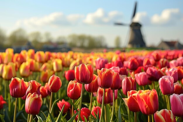 Vastos campos de tulipas na Holanda moinho de vento no fundo Ai gerado