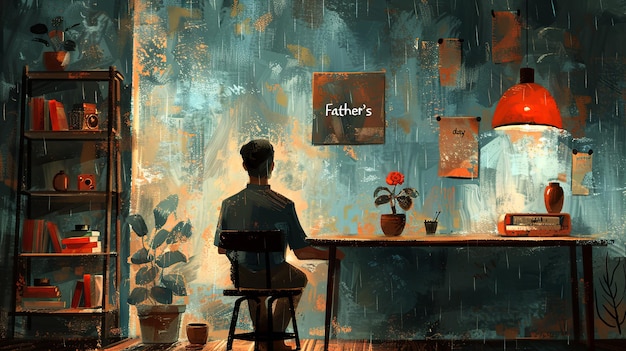 Vater arbeitet an seinem Schreibtisch an der Illustration zum Vatertag