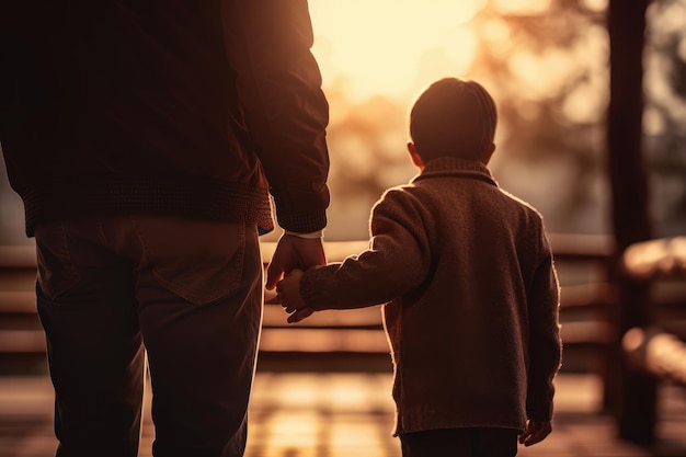 Vater geht Hand in Hand mit Sohn bei Sonnenuntergang. Bild zur Vatertagsfeier