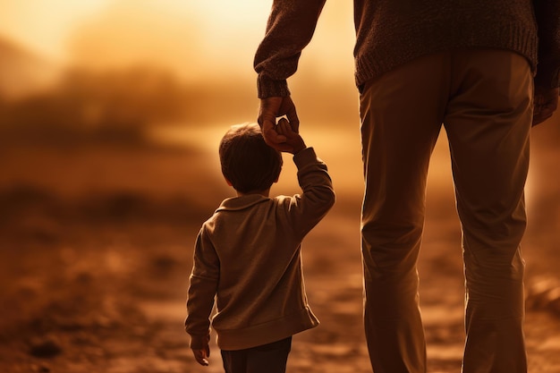 Vater geht Hand in Hand mit Sohn bei Sonnenuntergang. Bild zur Vatertagsfeier