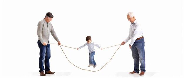 Vater, Großvater und Sohn springen gemeinsam auf weißem Hintergrund Seil.