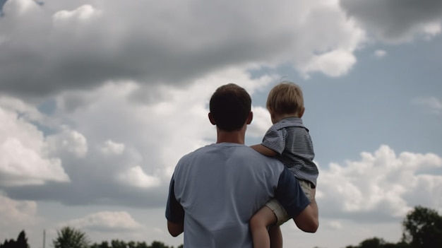 Vater hebt Sohn in der Rückansicht der Luft an