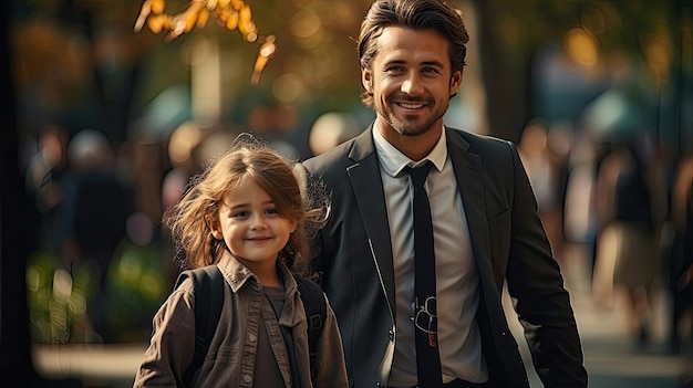 Vater in Geschäftsanzug geht mit seinem Kind Tochter zur Schule entlang des Weges in der Stadt Glücklicher Vatertag Konzept Hintergrund Liebe Familie