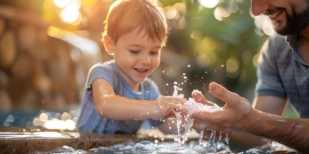 Vater-Kind-Bindung während der Praxis Handhygiene Förderung der Gesundheit und Einheit Konzept Familienzeit Gesundheitsbewusstsein Erziehung Hygiene Praxis Einheit Bindung