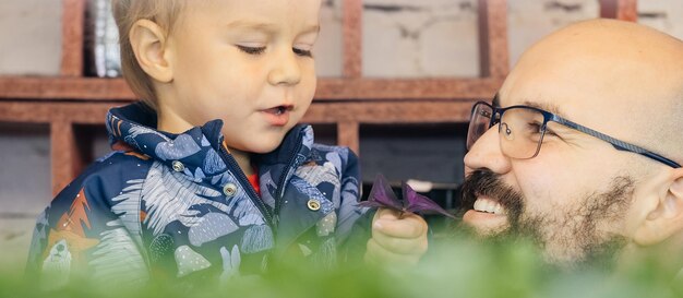 Vater mit Baby arbeitet auf Microgreen Indoor-Farm