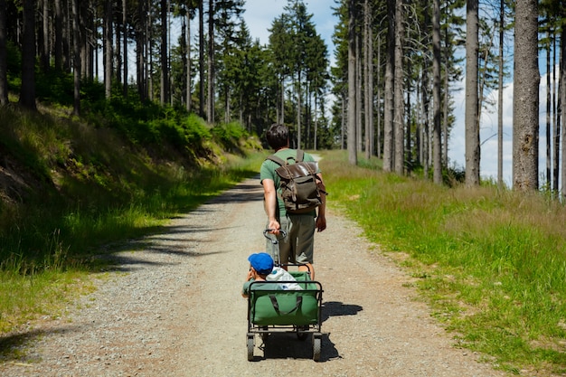 Vater mit einem Kind im Kinderwagen geht eine Forststraße entlang