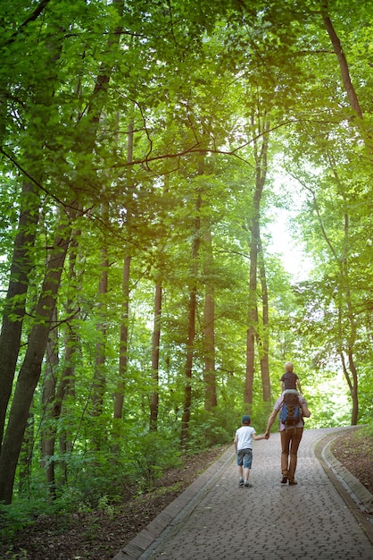 Vater mit seinen Söhnen geht in den Park. Mit der Familie durch den Wald spazieren. Rückansicht vertikaler Rahmen