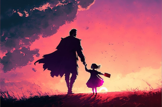 Vater mit Tochter Silhouette des Vaters, der seine Tochter bei Sonnenuntergang trägt Illustrationsmalerei im digitalen Kunststil