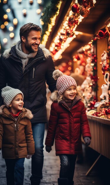 Vater mit zwei Kindern, die an Weihnachten und Silvester in der Nähe von Ständen spazieren gehen