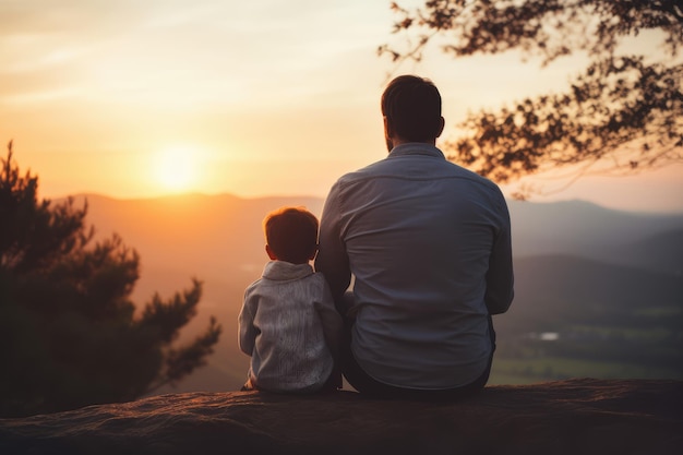 Vater sitzt neben seinem Sohn und schaut sich das Bild der Vatertagsfeier bei Sonnenuntergang an