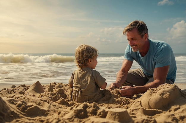 Vater-Sohn-Sandschlösser auf der Strande