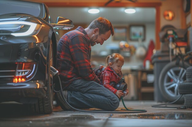 Foto vater spielt mit seiner tochter, während er ein elektroauto auflädt