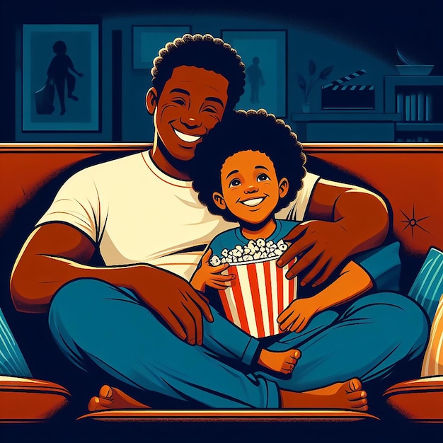 Vater-Tags-Feier Vater und Kind schauen am Abend zusammen einen Film, generiert von KI