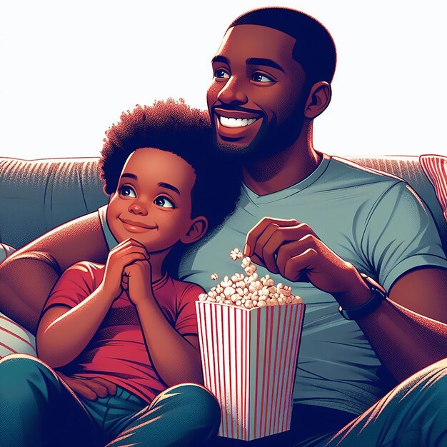 Vater-Tags-Feier Vater und Kind schauen am Abend zusammen einen Film, generiert von KI