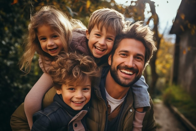 Vater trägt spielerisch drei Kinder auf seinen Schultern und lächelt Generative KI