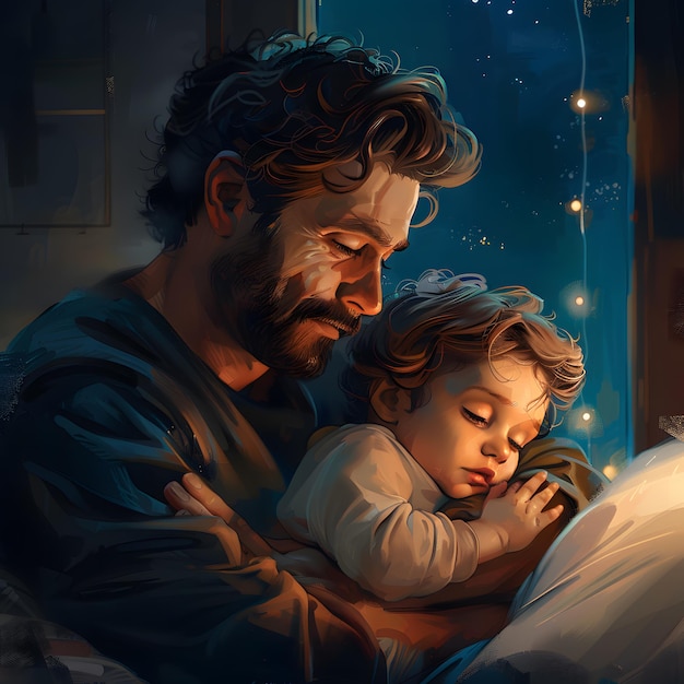 Vater und Baby am Nachthimmel mit der MondillustrationStarry Night Embrace Ein zärtlicher Moment gefasst