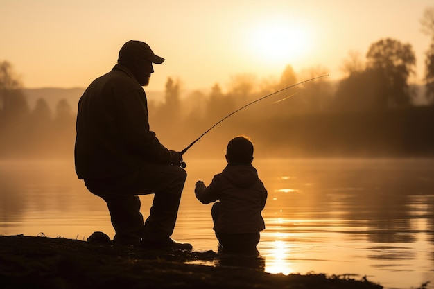 Vater und Kind angeln bei Sonnenaufgang in einem Fluss