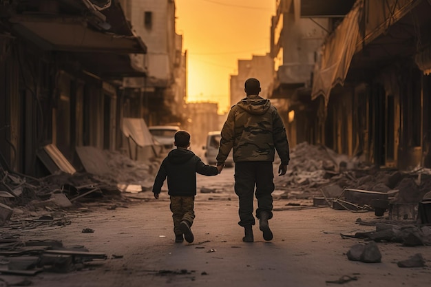 Vater und Kind gehen auf der Straße einer durch den Krieg zerstörten Stadt