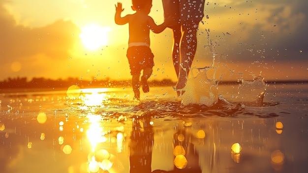 Vater und Kind genießen den Sonnenuntergang am Strand