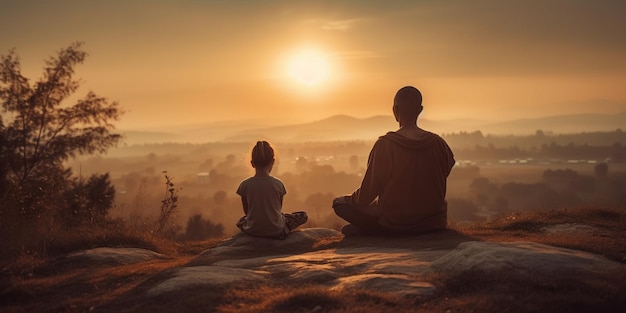 Vater und Kind leben ausgewogen, meditieren und Zen-Energie-Yoga