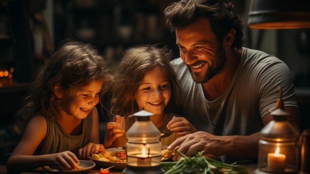 Vater und Kinder bereiten Essen vor