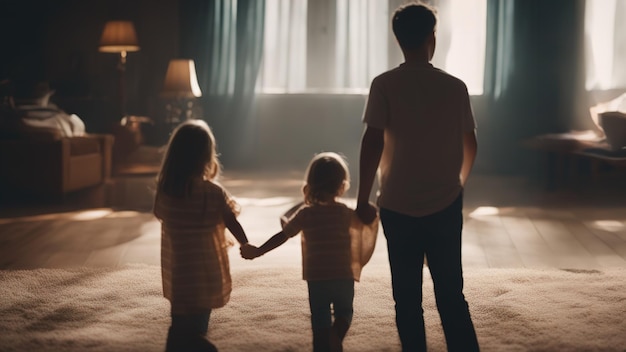 Vater und Kinder gehen im Freien spazieren, glückliche Familie
