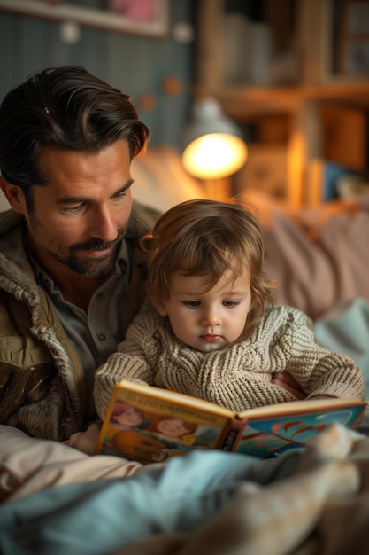 Vater und Kleinkind genießen gemeinsam ein Geschichtenbuch