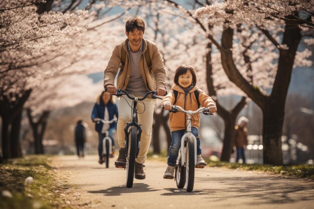 Vater und Mutter und Kinder mit Helm fahren gemeinsam Fahrrad Generative KI