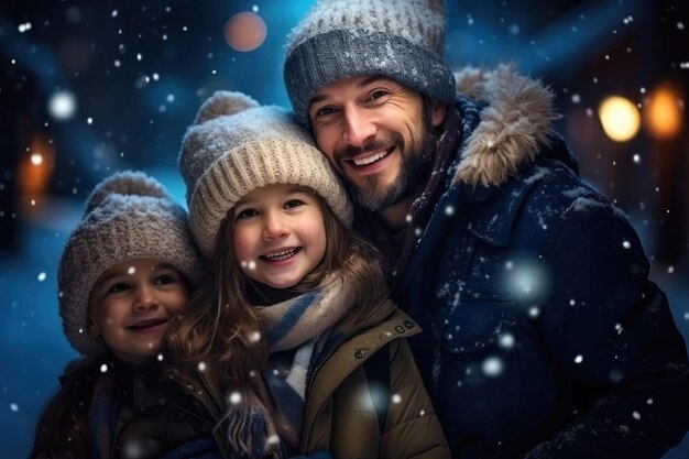 Vater und schöne kleine Tochter im Winterschnee