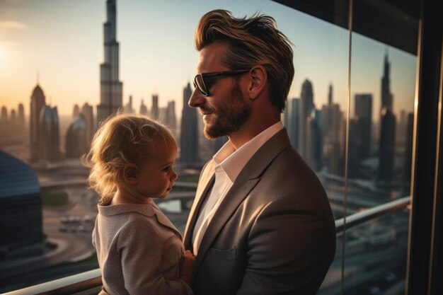 Vater und schönes Kind in der Wohnung vor dem Hintergrund eines Panoramafensters