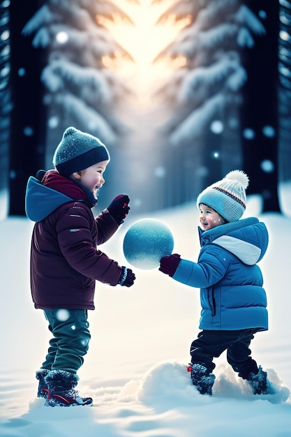 Vater und Söhne vergnügen sich gemeinsam mit der Schneeballschlacht im Winterwald