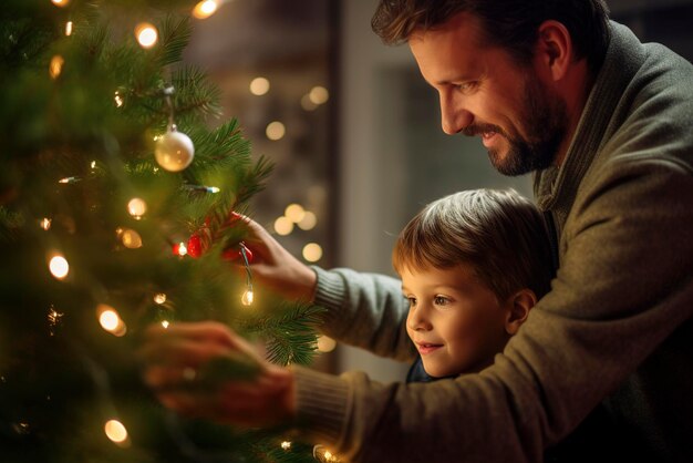 Vater und Sohn arrangieren Dekorationen am Weihnachtsbaum mit verschwommenem Hintergrund