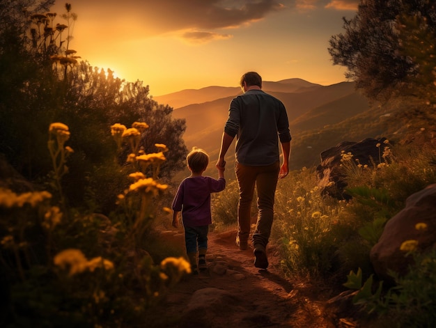 Vater und Sohn beim Sonnenuntergang in den Bergen wandern