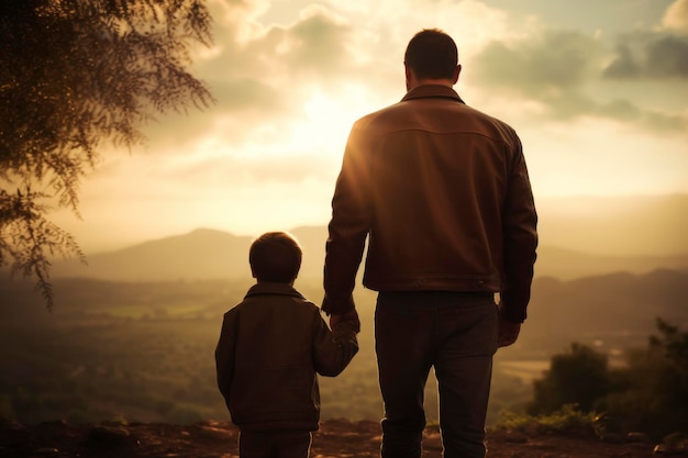 Vater und Sohn beobachten zusammen den Sonnenuntergang