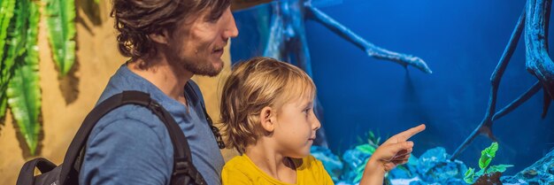 Vater und Sohn betrachten Fische in einem Tunnelaquarium-Banner im Langformat