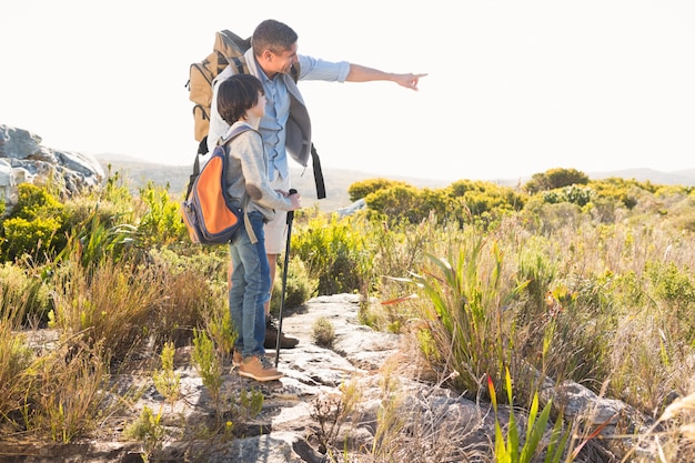 Vater und Sohn, die in den Bergen wandern