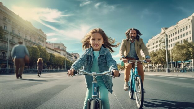 Vater und Sohn fahren in der Stadt mit dem Fahrrad