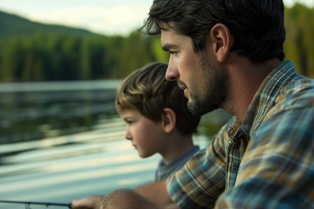 Foto vater und sohn fischen auf einem see oder fluss