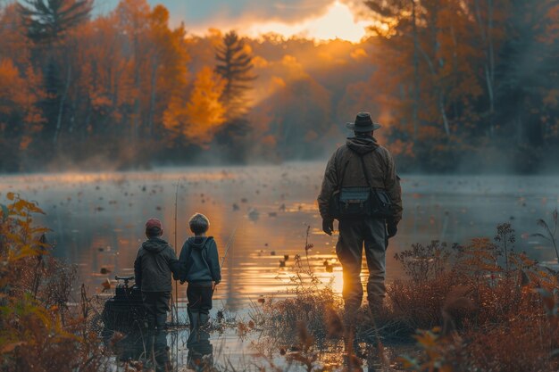 Vater und Sohn fischen bei Sonnenuntergang